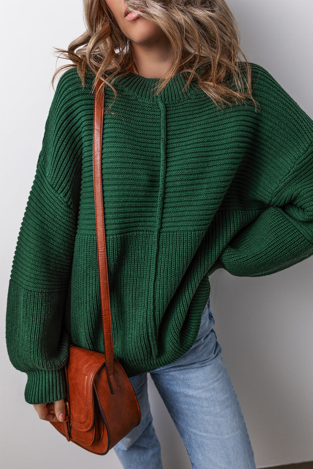 Blackish Green Textured Knit Round Neck Lantern Sleeve Sweater