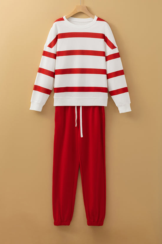 Red Striped Drop Shoulder Sweater and Jogger Pants Set