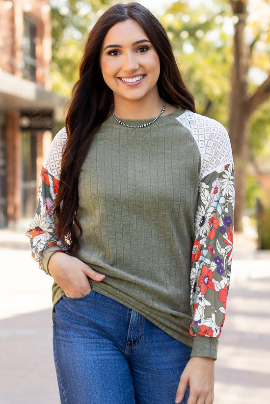 Long sleeve ribbed blouse and floral patchwork Laurel Green