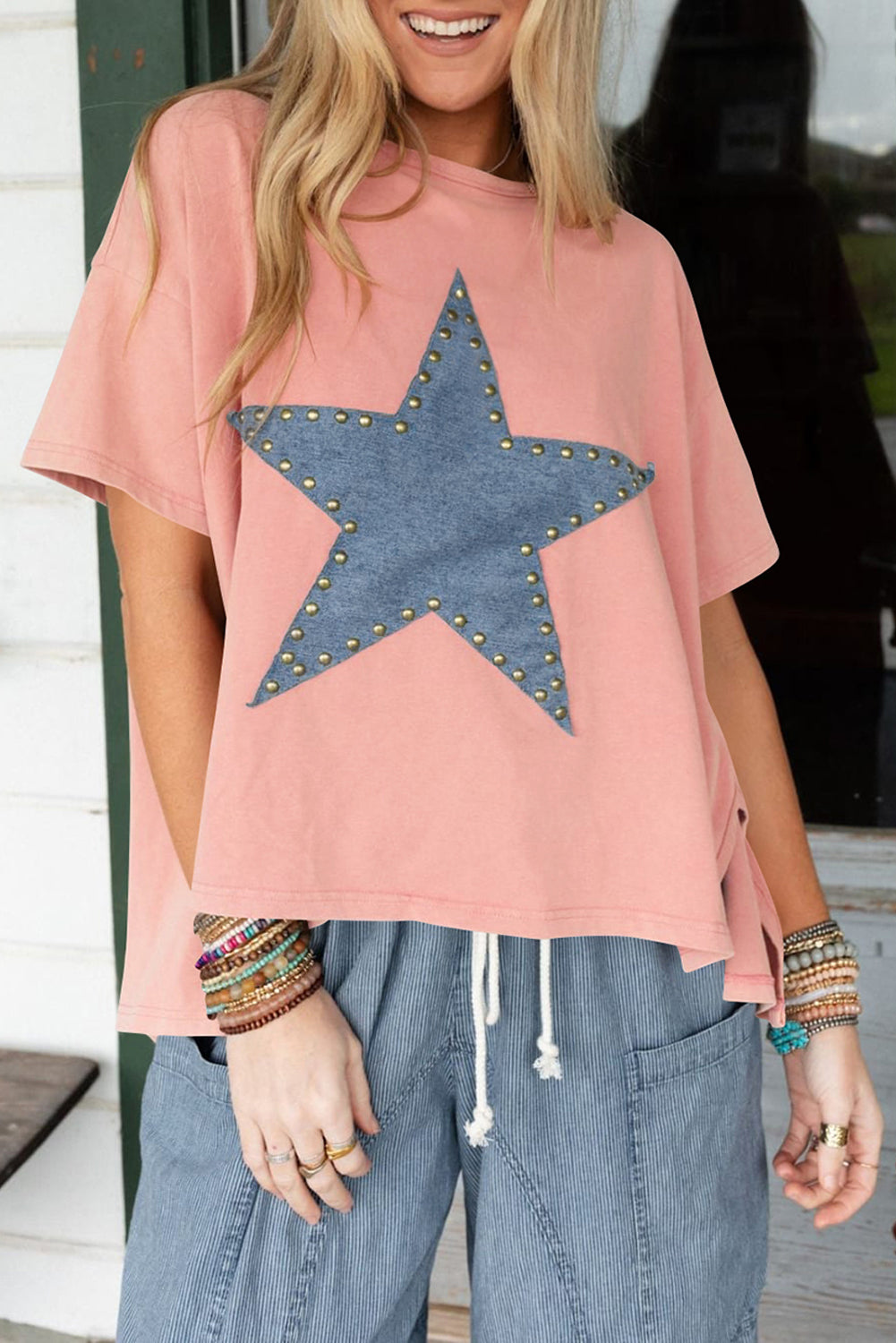 Apricot Pink Mineral Wash Star Patch Graphic High Low Tee