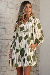 Guacamole Green Striped Floral Print Contrast Piping Puff Sleeve Dress