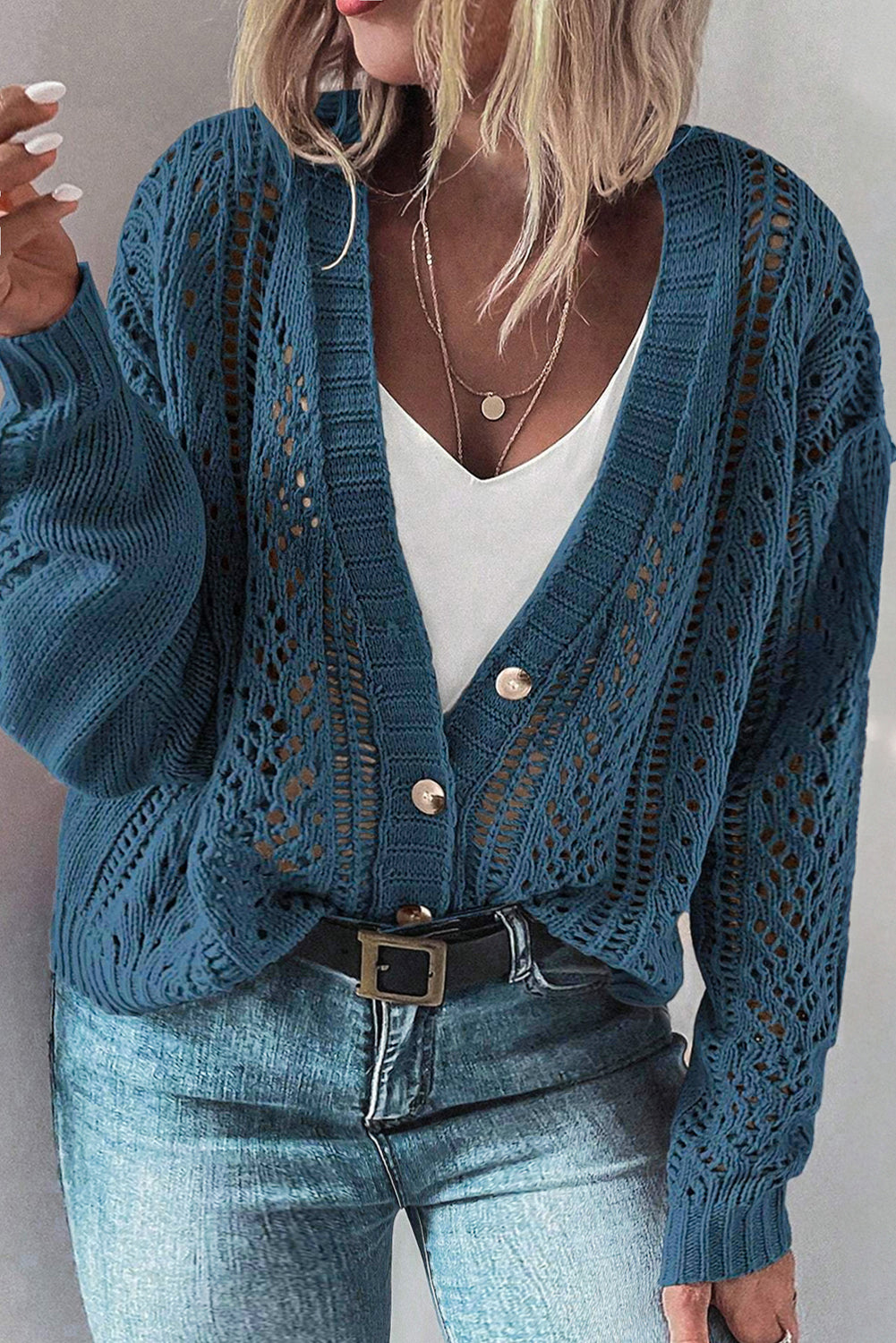 Open Knit Cardigan with V-Neck and Button Front, Dropped Shoulders, Plus Size, Teal