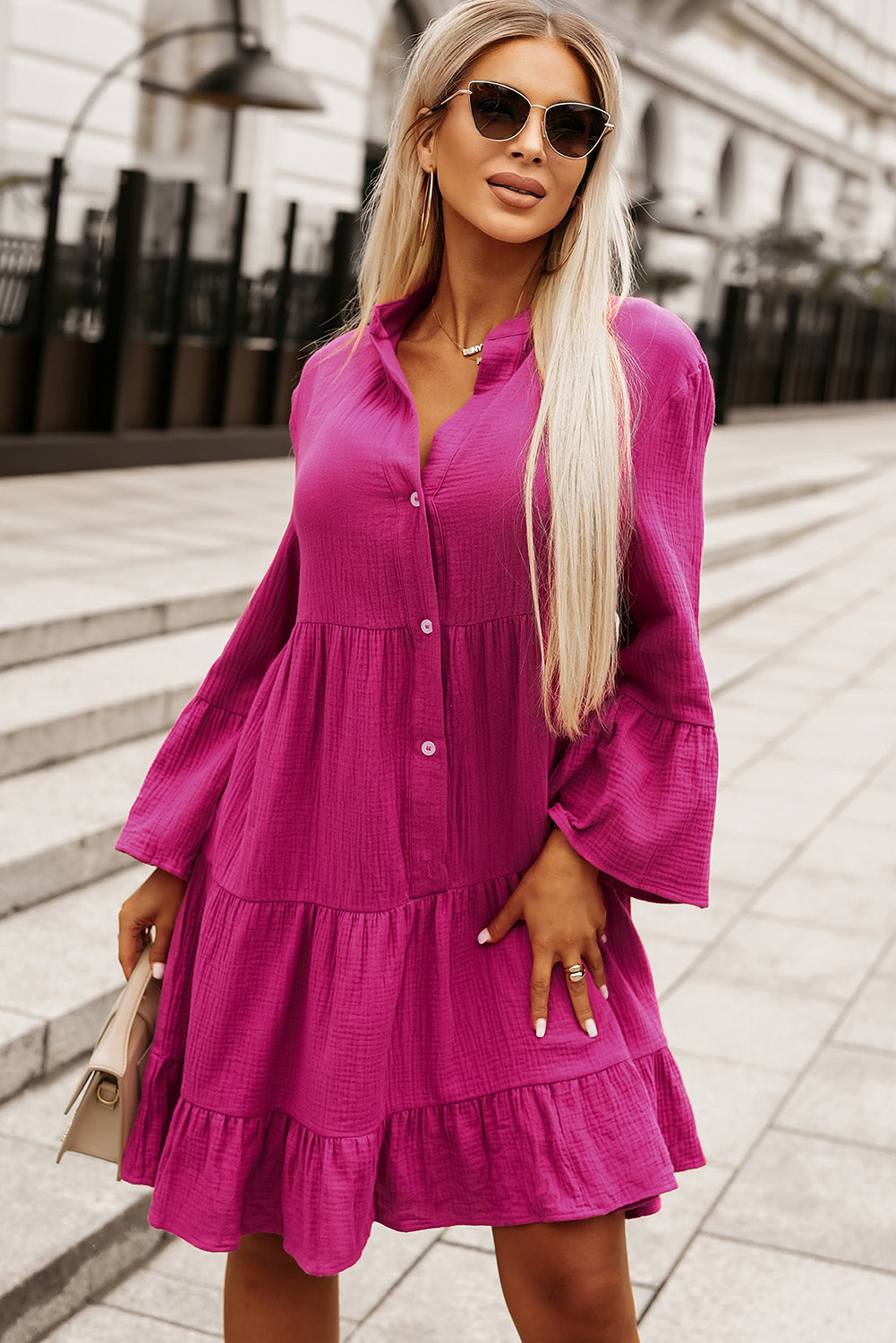 Pink Tiered Crinkled Shirt Dress with Split Collar