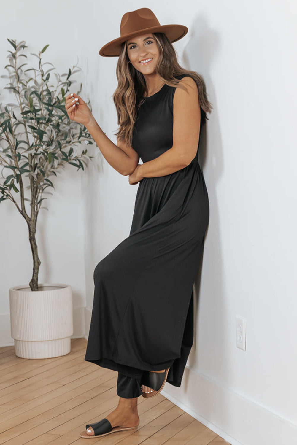 Schwarz Open Back Wide Bein Jumpsuit