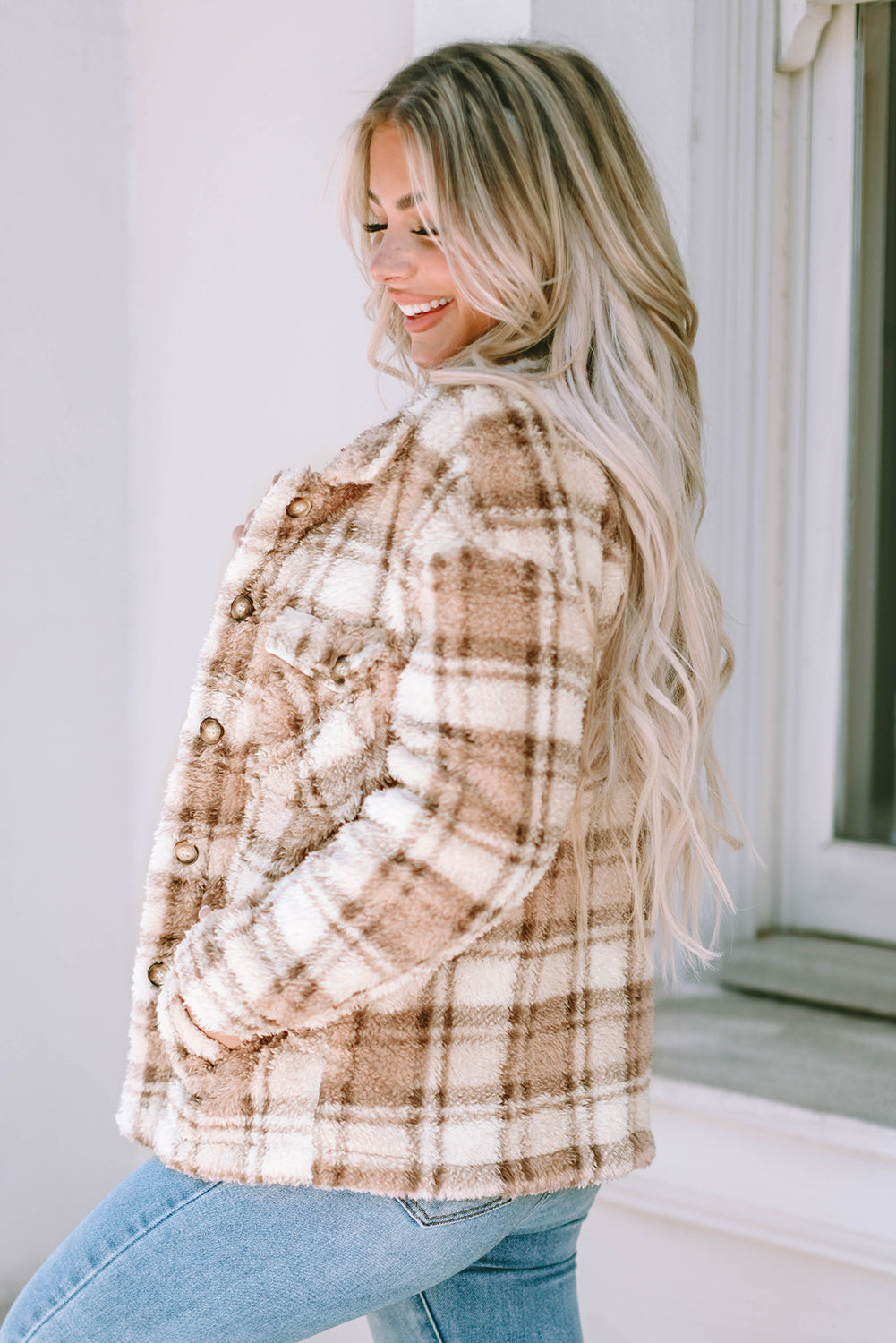 Khaki Sherpa Plaid Button Taschenjacke