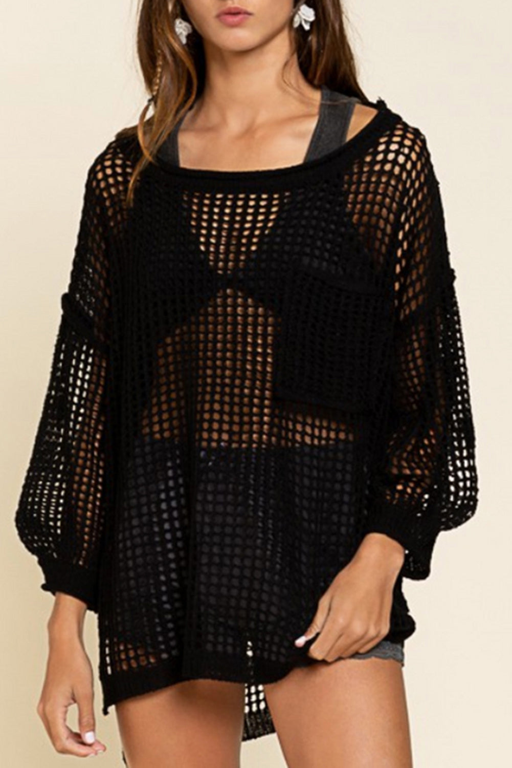 Black Fishnet Hollow-out Long Sleeve Beach Cover up