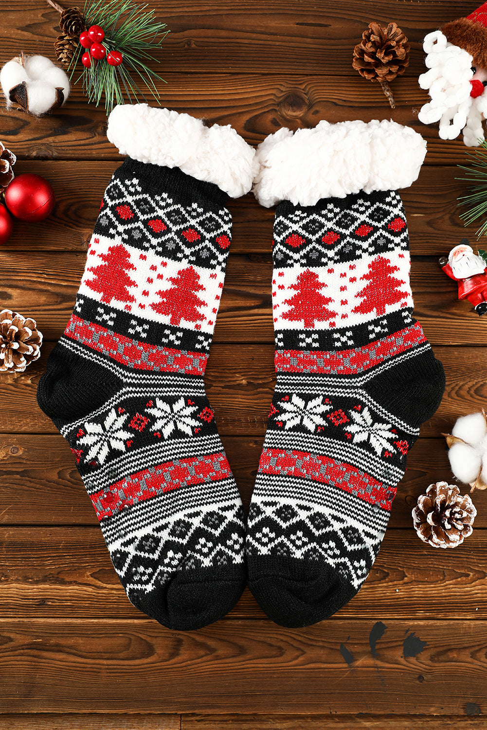 Chaussettes thermiques noires à motif d'arbre de Noël