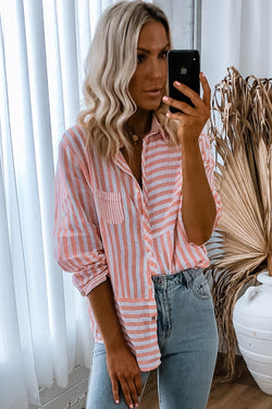 Long -sleeved and pink striped casual shirt