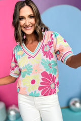 Multicolor sweater with short sleeves and V -collar with floral print