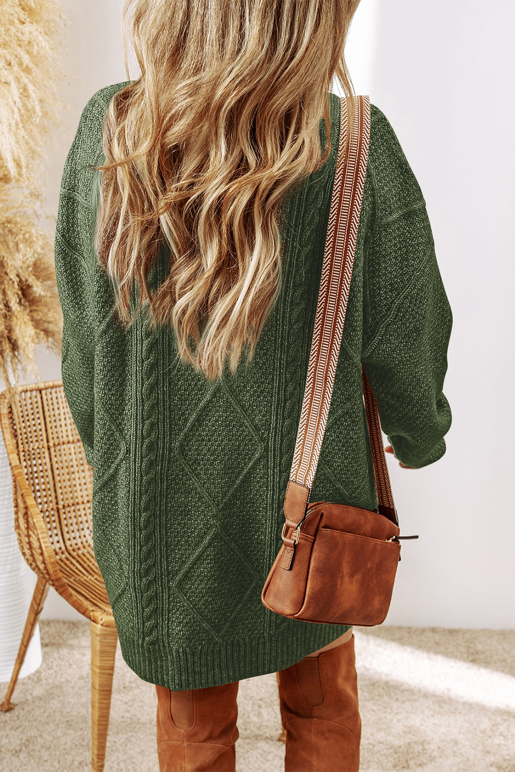 Mist Green Cable Knit Drop Shoulder Loose Fit Sweater Dress