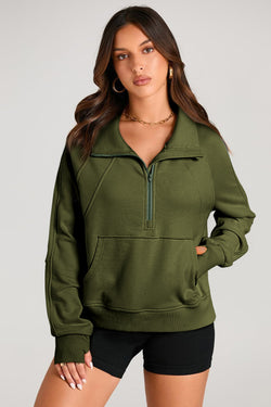 Moss Green Mock Neck Sweatshirt with Kangaroo Pocket and Quarter Zip Closure