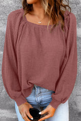 Waffle knit top with puff sleeves and square neck