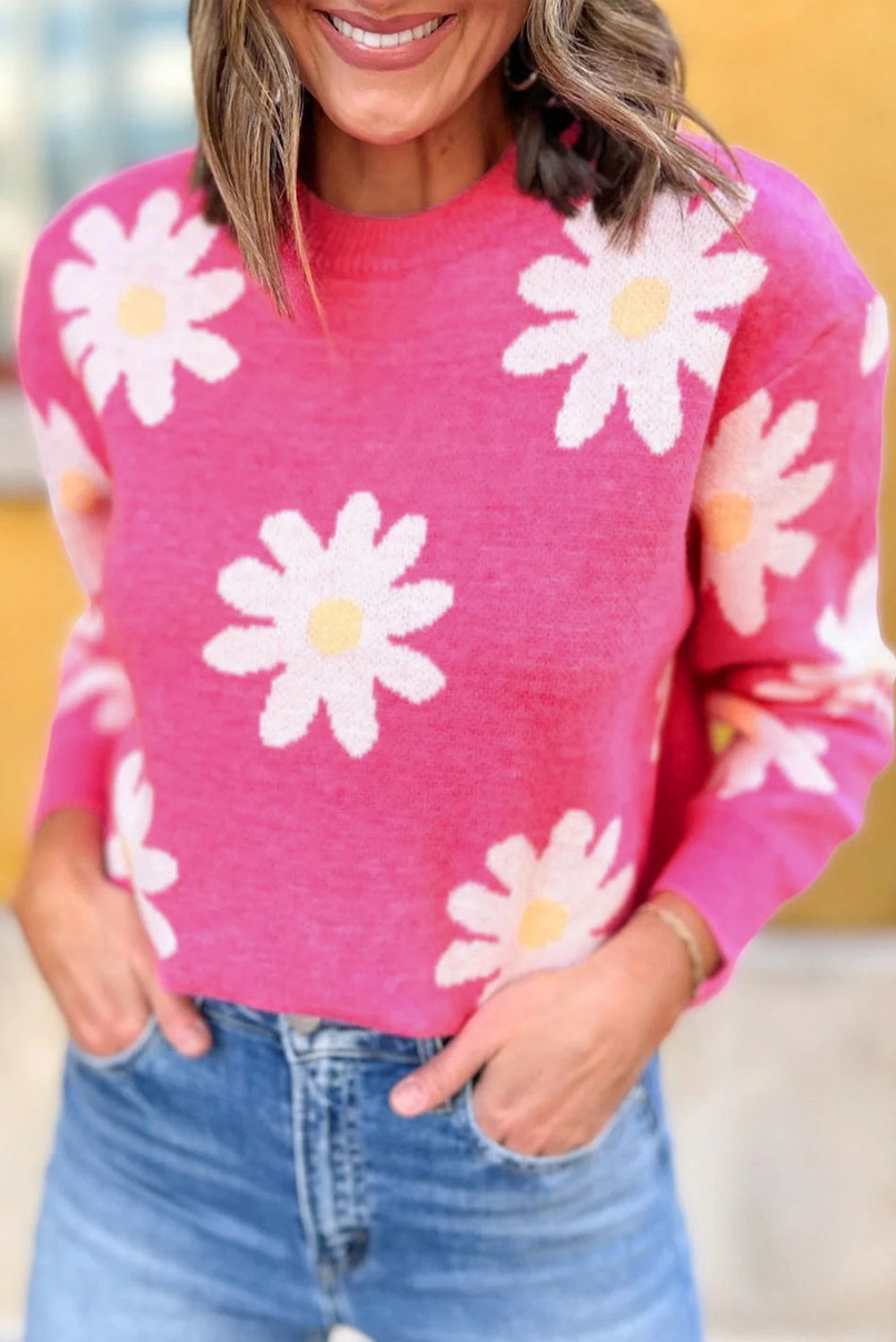 Hot Pink Daisy Flower Crew Neck Long Sleeve Sweater