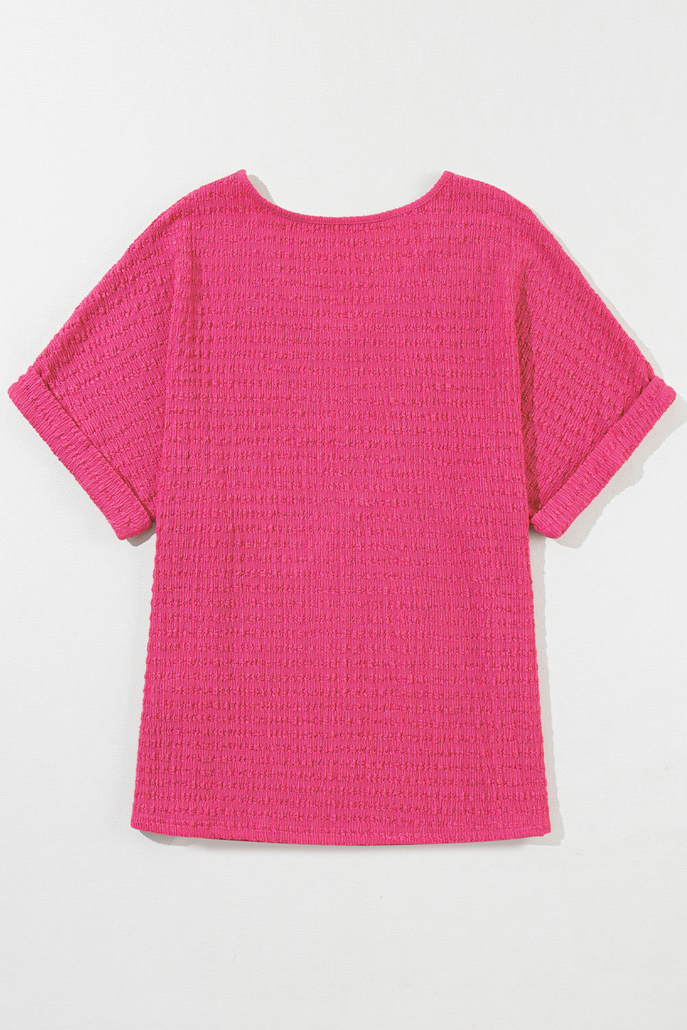 Bright Pink Textured Rolled Short Sleeve V Neck Blouse