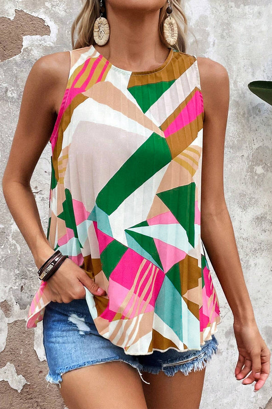 Multicolour Geometric Printed Pleated Shift Tank Top