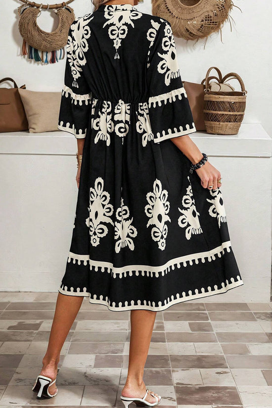 Robe midi ample noire à imprimé géométrique western à manches 3/4