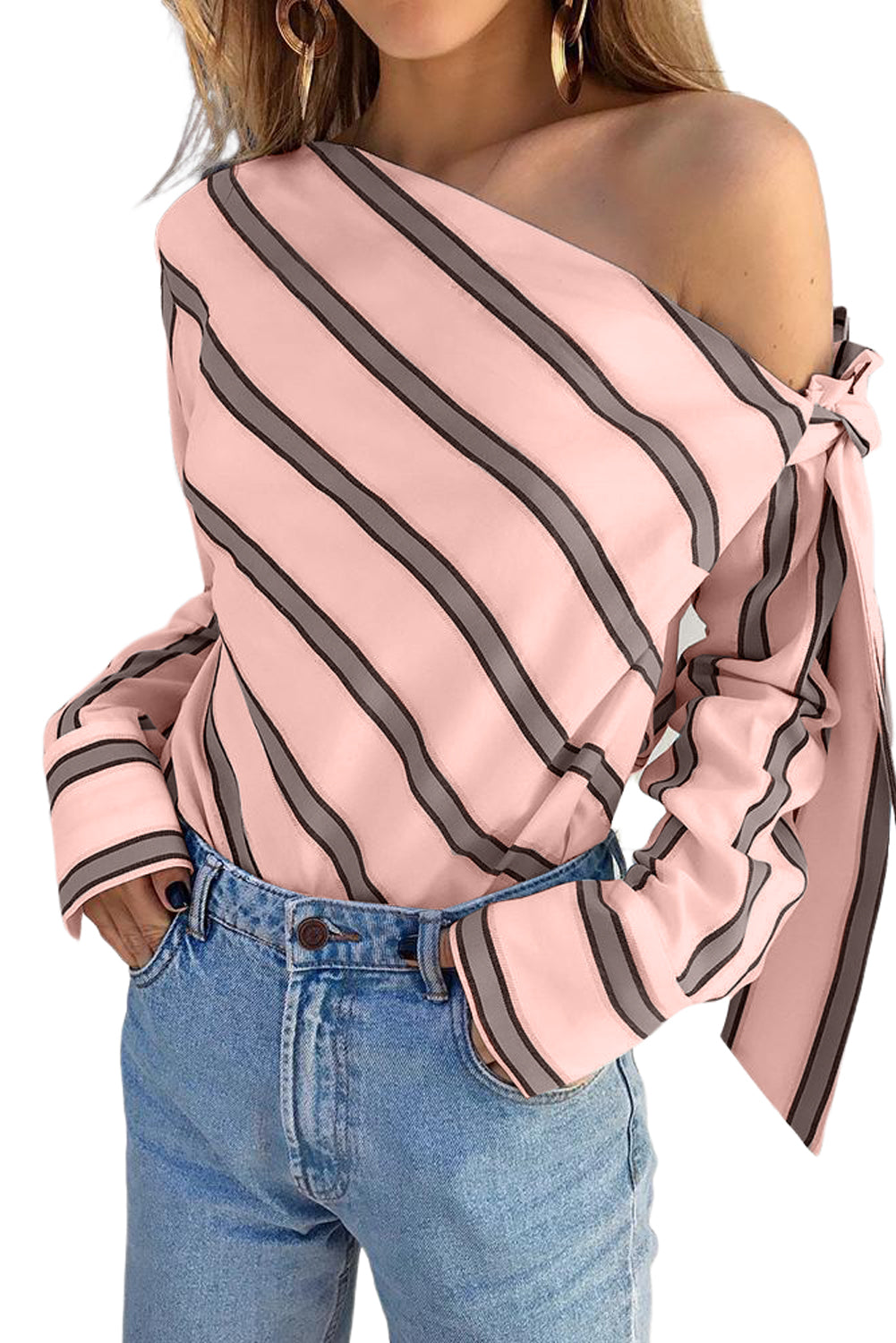 Blouse asymétrique rayée rose à épaules nouées