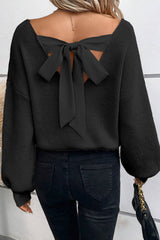 Black sweater with lantern sleeves, V-neck, knot at the back