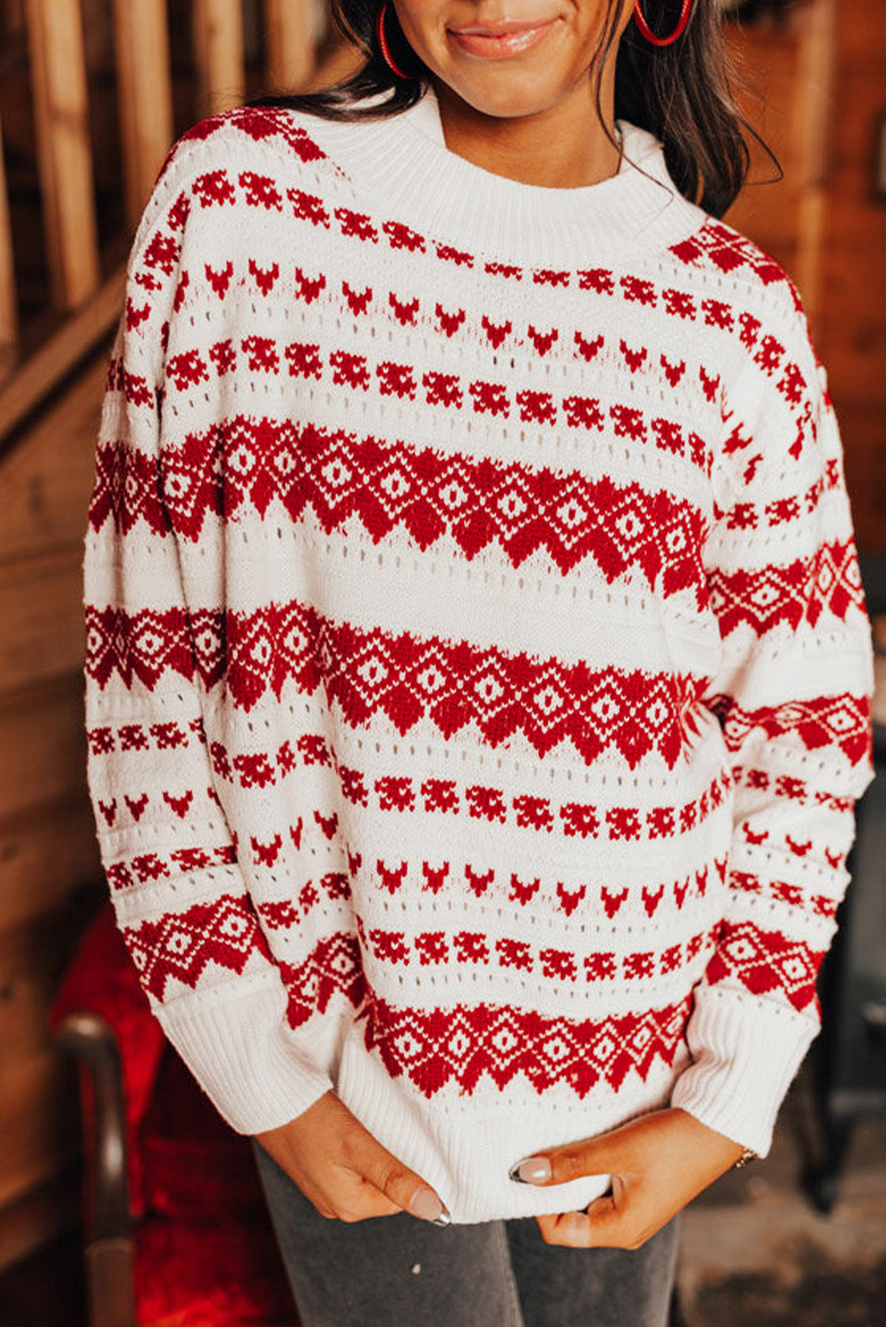 White Western Geometric Pattern Crew Neck Loose Sweater