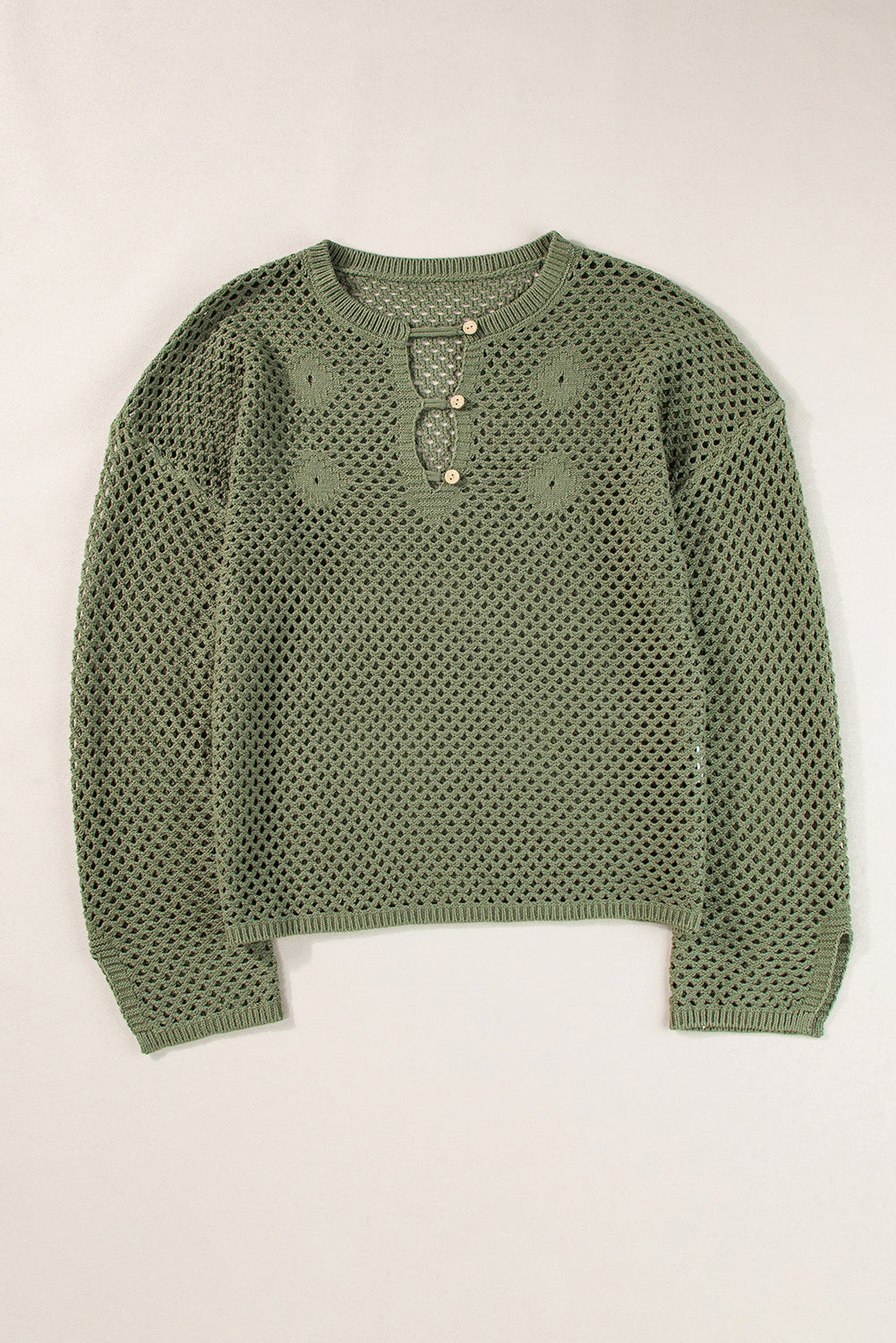 Pull à manches fendues et col boutonné en tricot ouvert vert vignoble