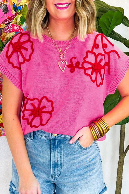 Bright Pink Corded Flower Embroidery Short Sleeve Knitwear Top-A WOMAN WE LOVE