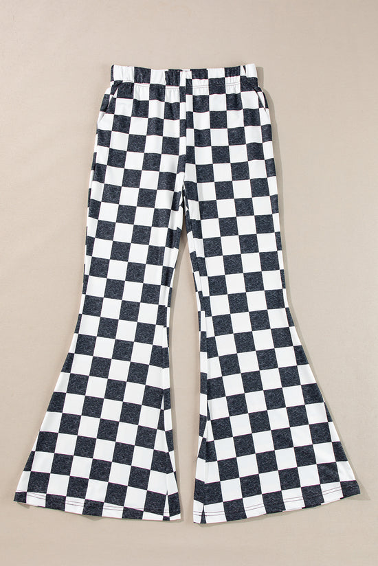 Pantalon évasé décontracté taille haute en damier noir *