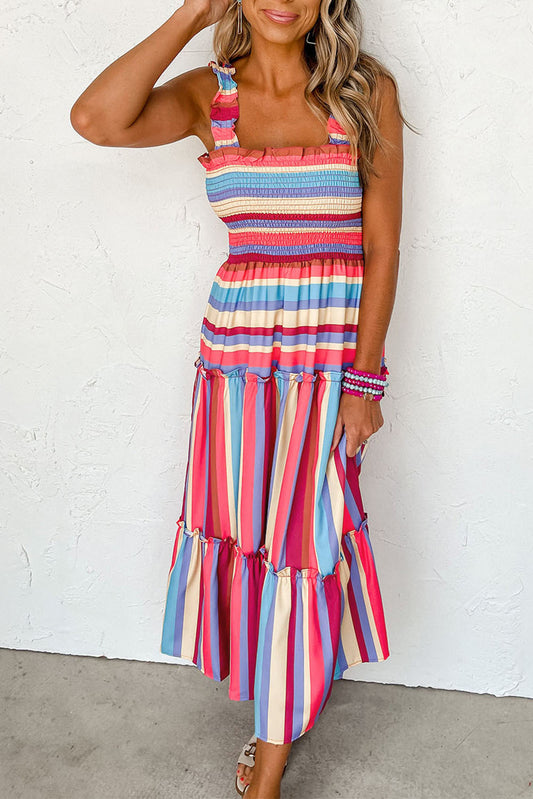 Long smocked dress with ruffles and red striped straps