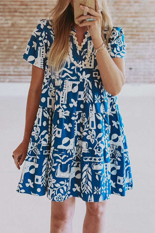 Blue floral loose dress with split collar and Ricrac border