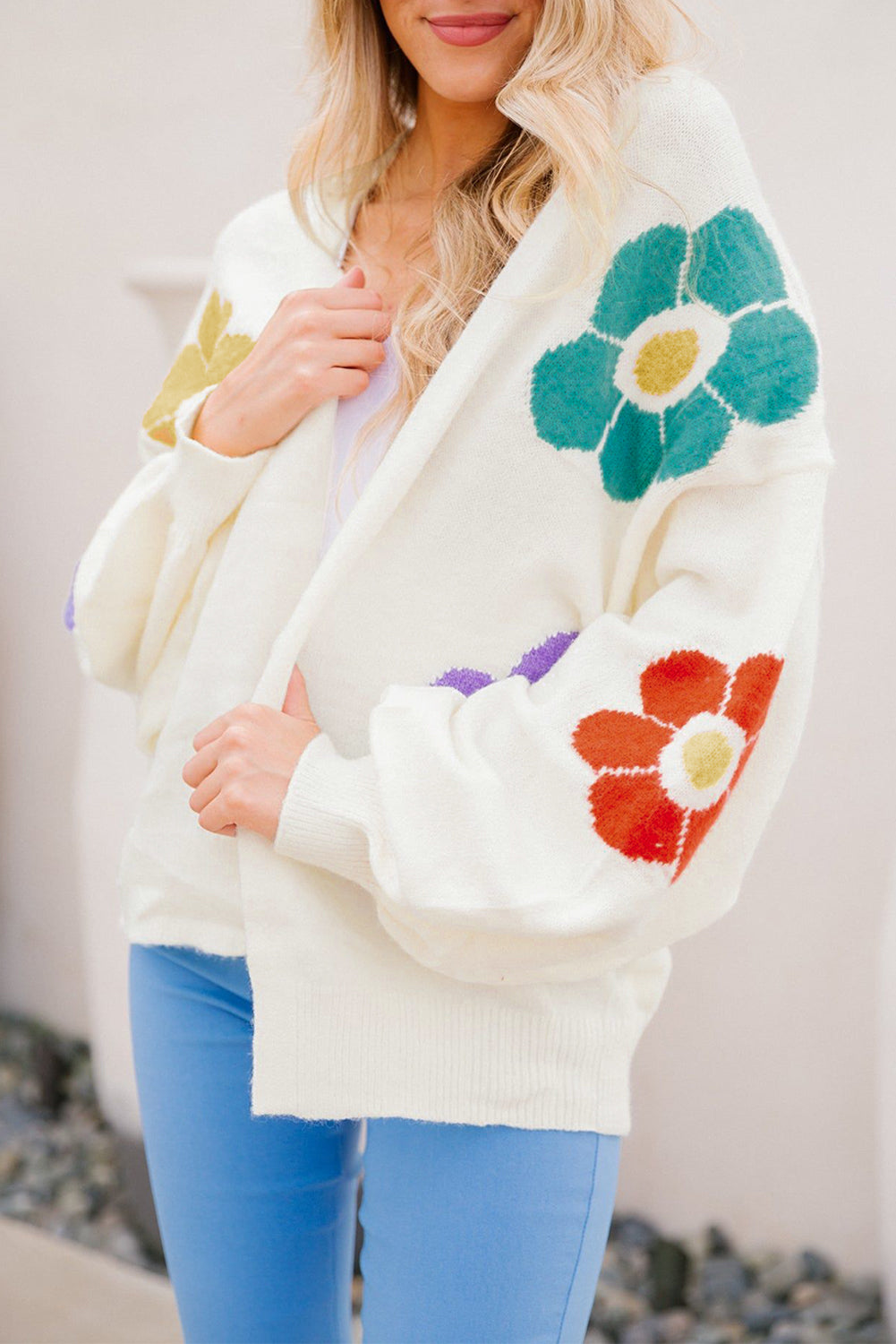 Open cardigan with bubble sleeves in white floral jacquard