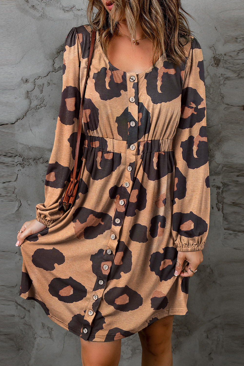 Leopard Print Button Front Puff Sleeve Loose Knit Dress