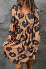 Leopard Print Button Front Puff Sleeve Loose Knit Dress