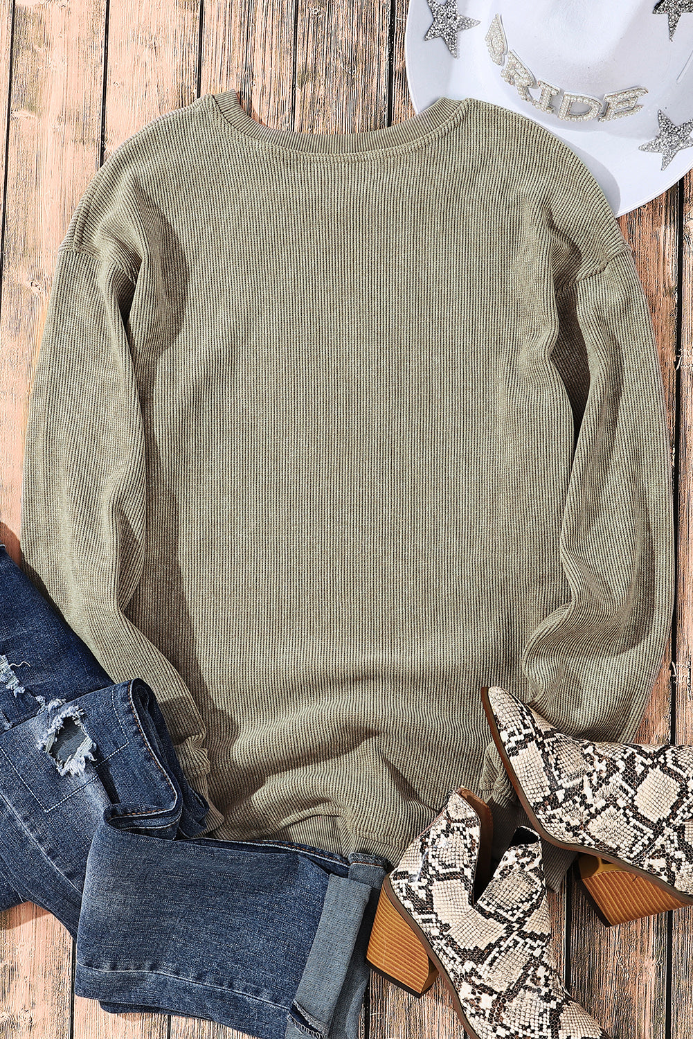 Solid Green Ribbed Knit Crew Neck Sweatshirt