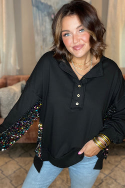 Black Henley Sweatshirt with Sequins and High and Bas