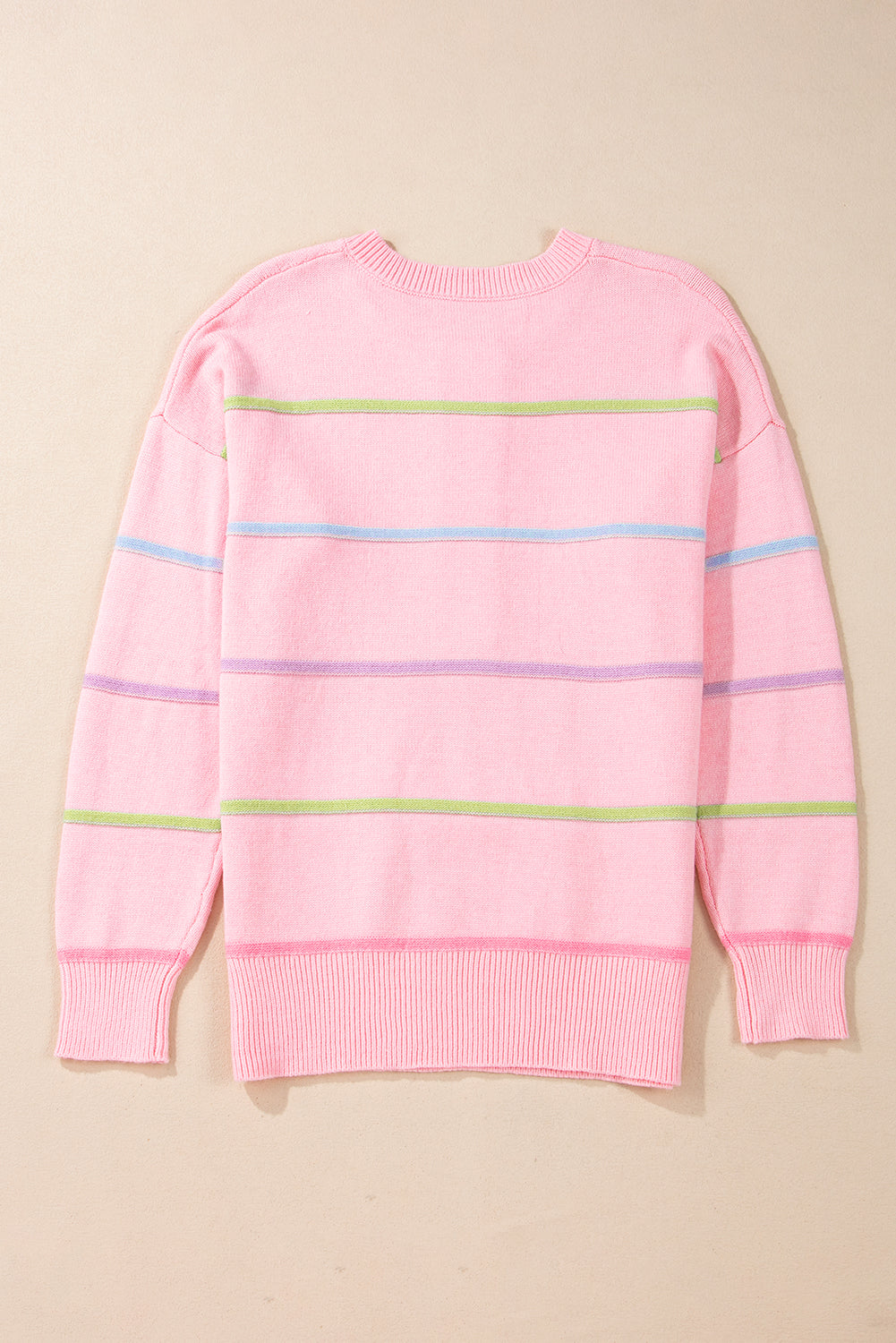 Pink Rainbow Striped Drop Shoulder Baggy Henley Sweater