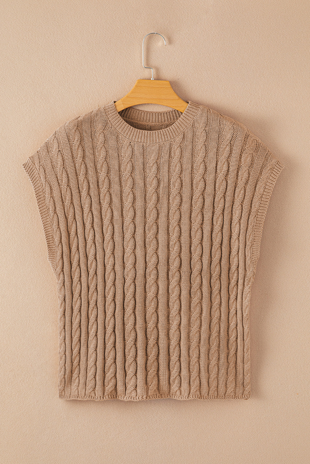 Light French Beige Crew Neck Cable Knit Short Sleeve Sweater