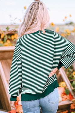 Green Striped Drop Shoulder Long Sleeve Top