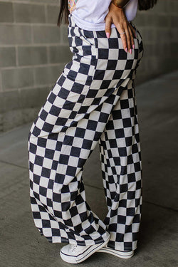 Large high waist pants black with two -color tiles *