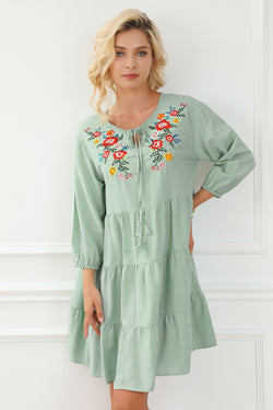 Green tiered floral embroidered ruffle dress