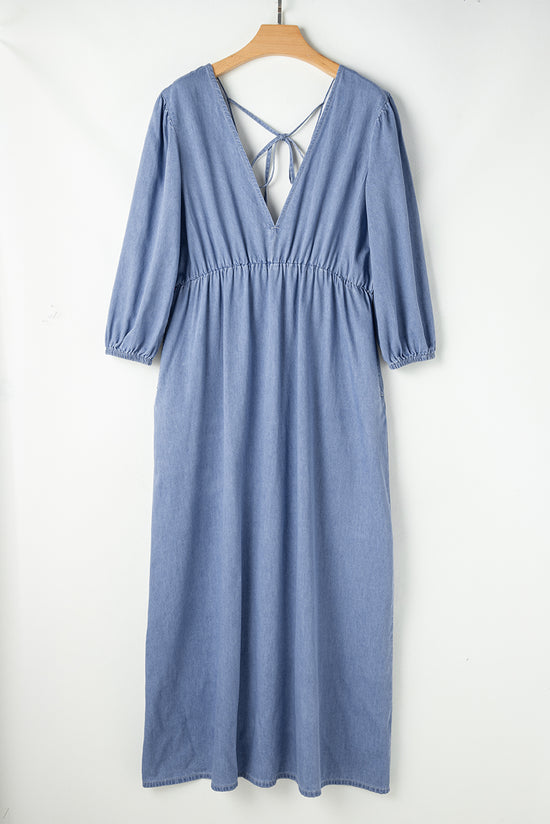 Myosotis - Robe longue en chambray à col en V profond et manches bracelet