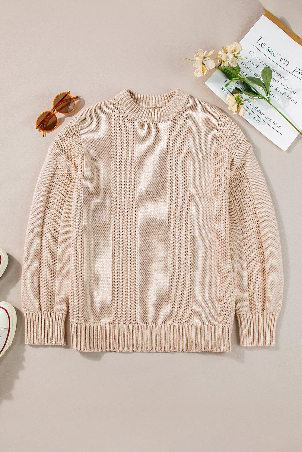 Pull ample côtelé en tricot torsadé de couleur unie kaki pâle