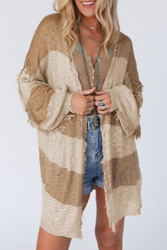 Open cardigan with fringes and lantern sleeves in khaki stripes