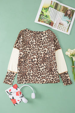 White Leopard Color Block Patchwork Long Sleeve Split Neck Top