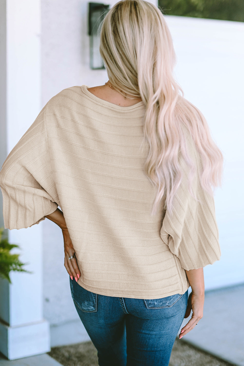 Apricot Ribbed Knit Dolman Sweater with Exposed Seams