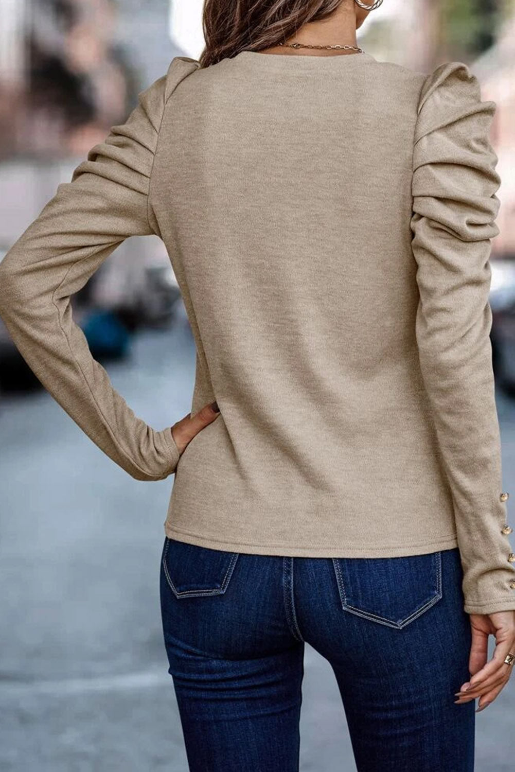 Khaki buttoned sheath top with long puff sleeves