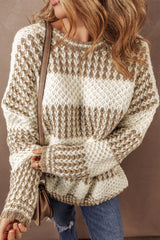Brown loose sweater with stripes and dropped shoulders, round neck