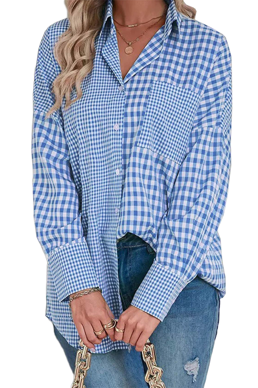 Sky Blue Streifen Plaid Patchwork -Knopf auf Langarm Shirt