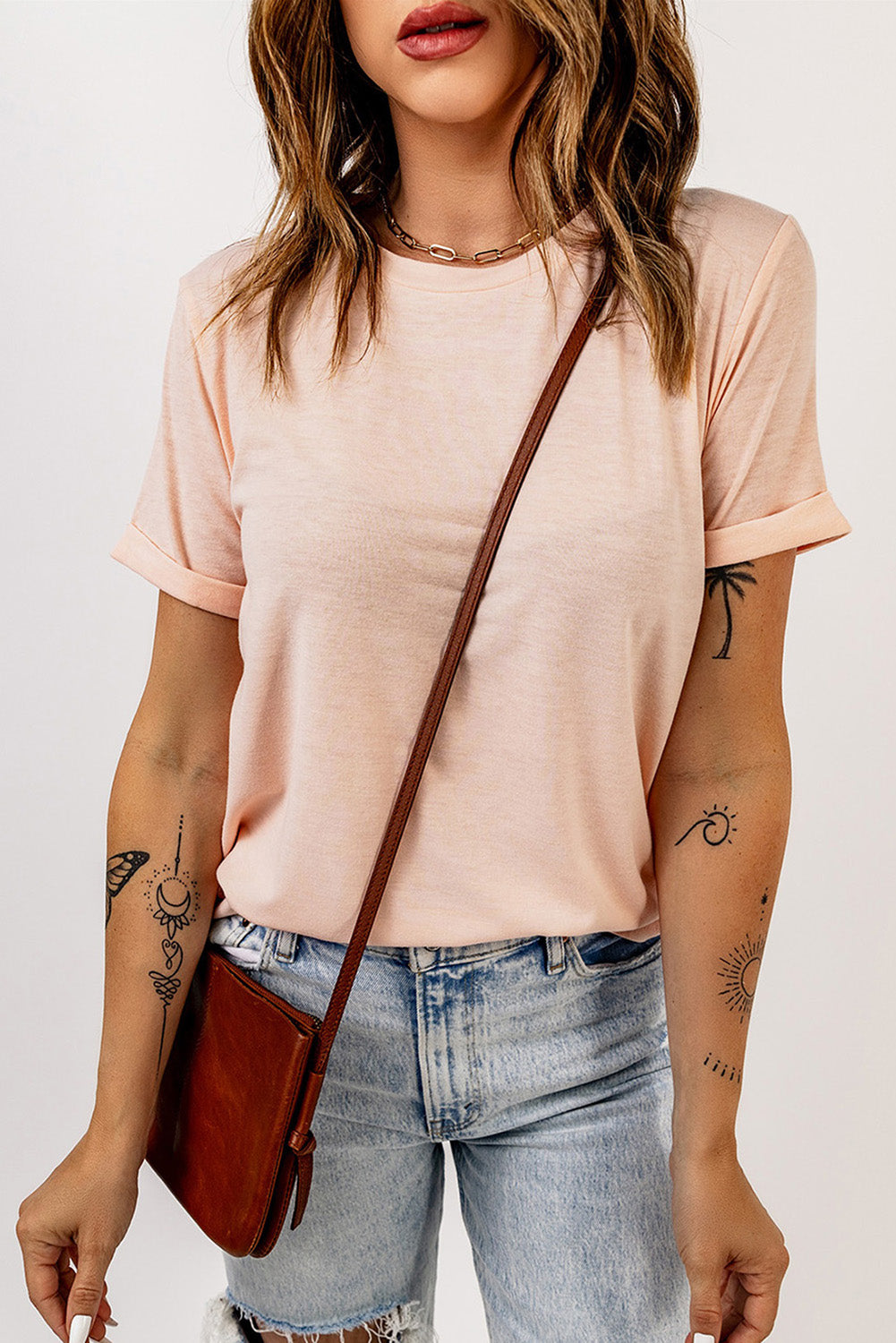 Camiseta de cuello redondo rosa unido