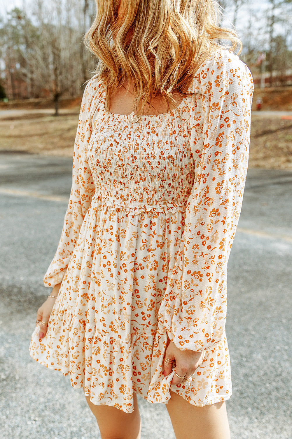 Apricot smocked puff sleeve floral bohemian mini dress