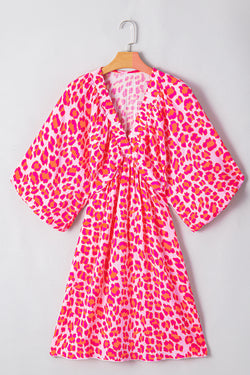 Vestido rosa con estampado de leopardo elástico con viento V y 3/4 mangas hinchadas