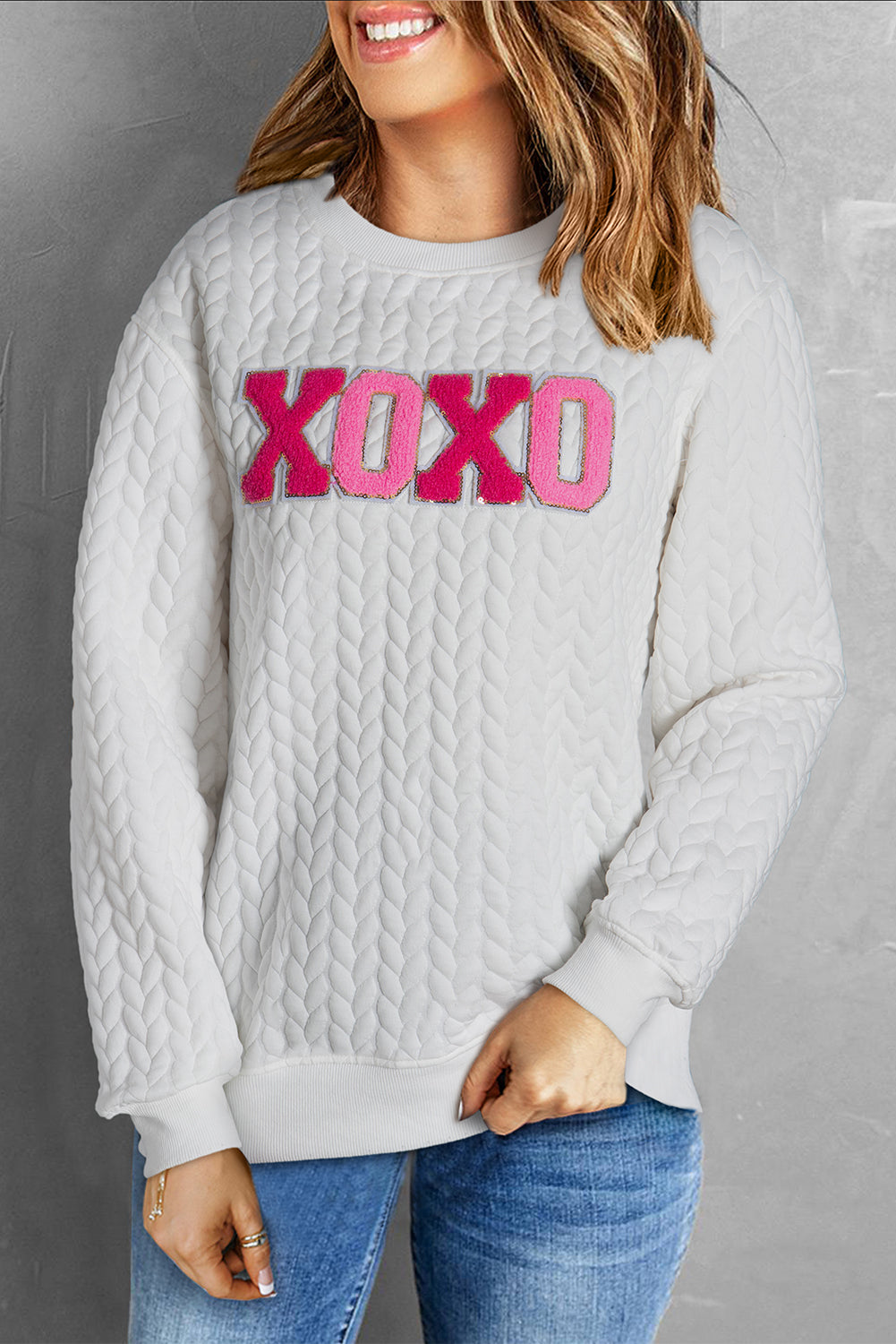 Sudadera de cable de cable de chenilla xoxo white xoxo